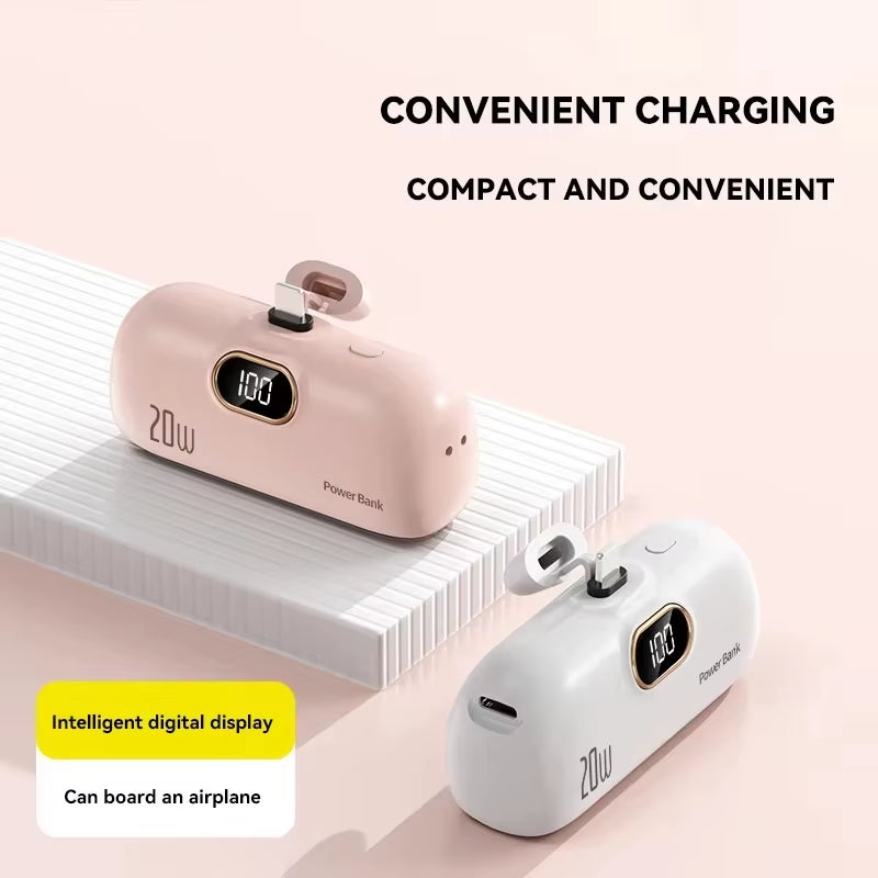 Mini Power Bank 30000Mah Built Cable Portable Mobile Charger Fast Charging External Battery Capsule Powerbank for Type-C Iphone