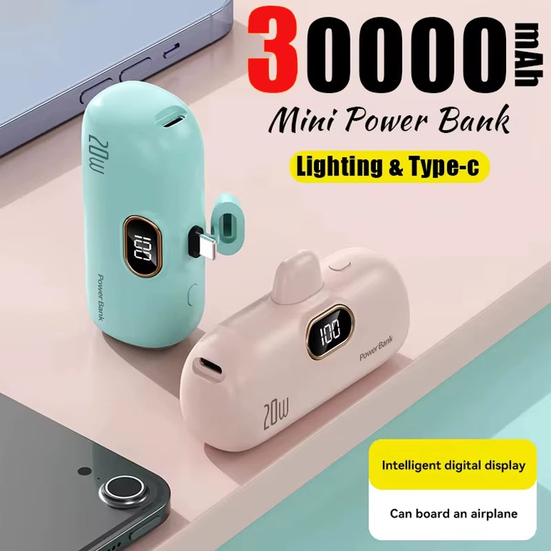 Mini Power Bank 30000Mah Built Cable Portable Mobile Charger Fast Charging External Battery Capsule Powerbank for Type-C Iphone